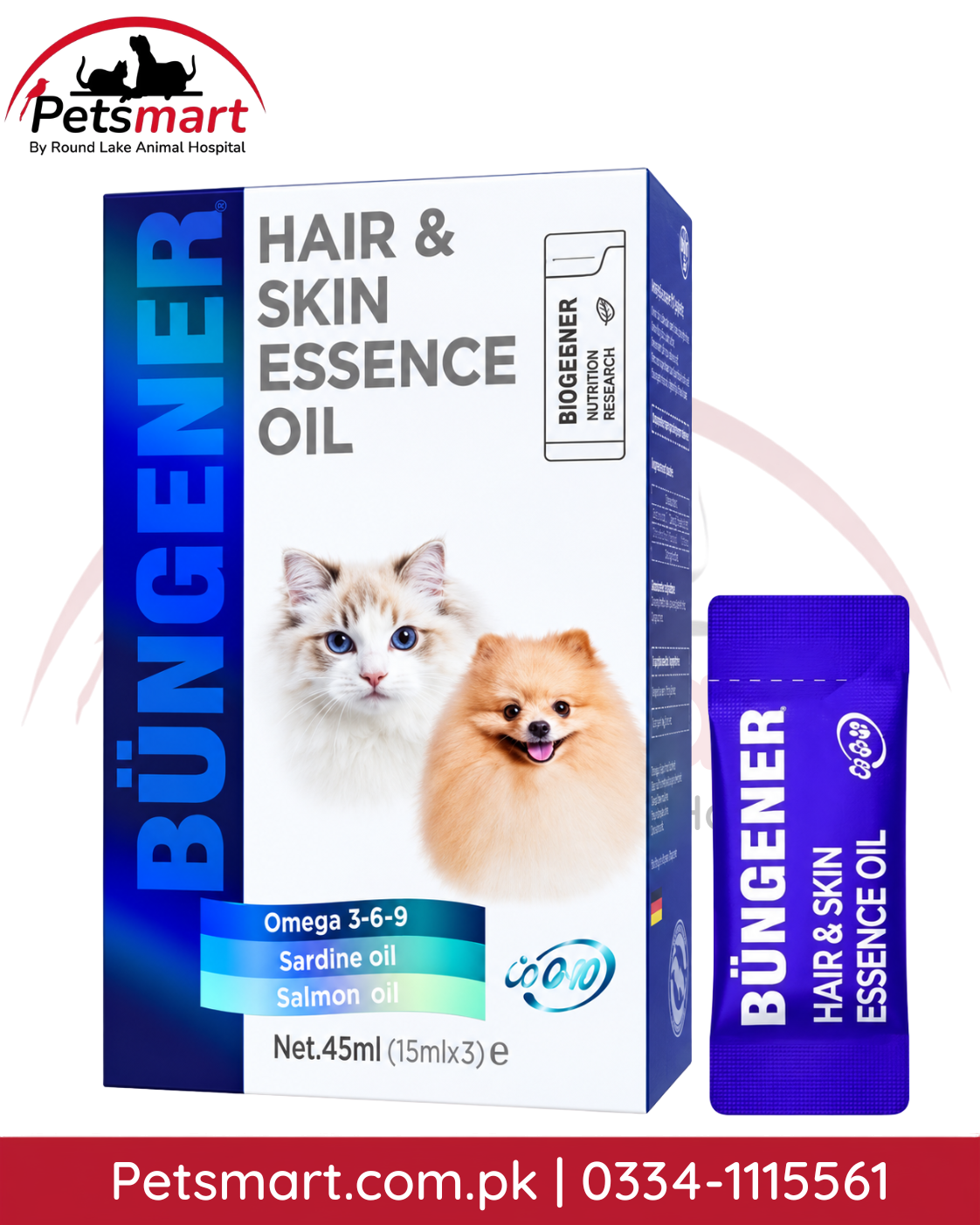 Büngener Hair & Skin Essence Oil pet supplement packaging, showing a white and blue box with images of a white cat and a golden Pomeranian dog, alongside a matching blue sachet. The Petsmart logo is visible in the top left corner.