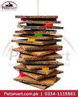 Hanging bird shredding toy made with layered corrugated cardboard and coloured wooden pieces