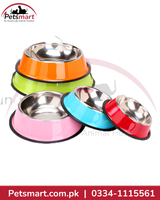 Dog feed and water bowl colorful and variable sizes.