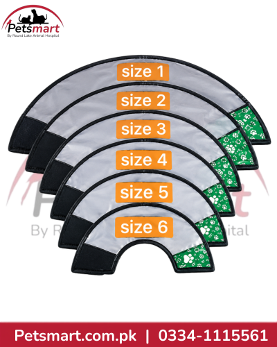 Six arched pet collars shown in size 1 through 6, with reflective silver-gray panels, black trim, and green patterned ends, overlaid with orange labels reading size 1 to size 6. Petsmart branding is visible.