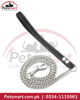 Small silver metal chain dog leash with black loop handle and metal snap hook