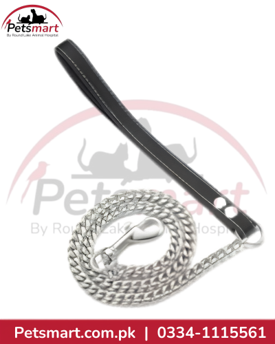 Small silver metal chain dog leash with black loop handle and metal snap hook
