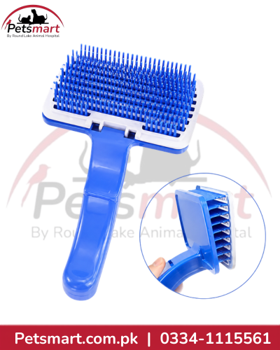 large blue self-cleaning button slicker grooming brush for cats and dogs