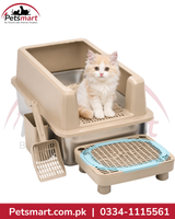 High-Sided Stainless Steel Cat Litter Box with Step and Scoop
