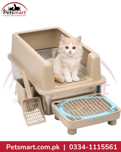 High-Sided Stainless Steel Cat Litter Box with Step and Scoop