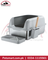 High-Sided Stainless Steel Cat Litter Box with Step and Scoop