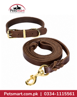 Brown Round Leather Dog Leash and Collar Set with Metal Hardware