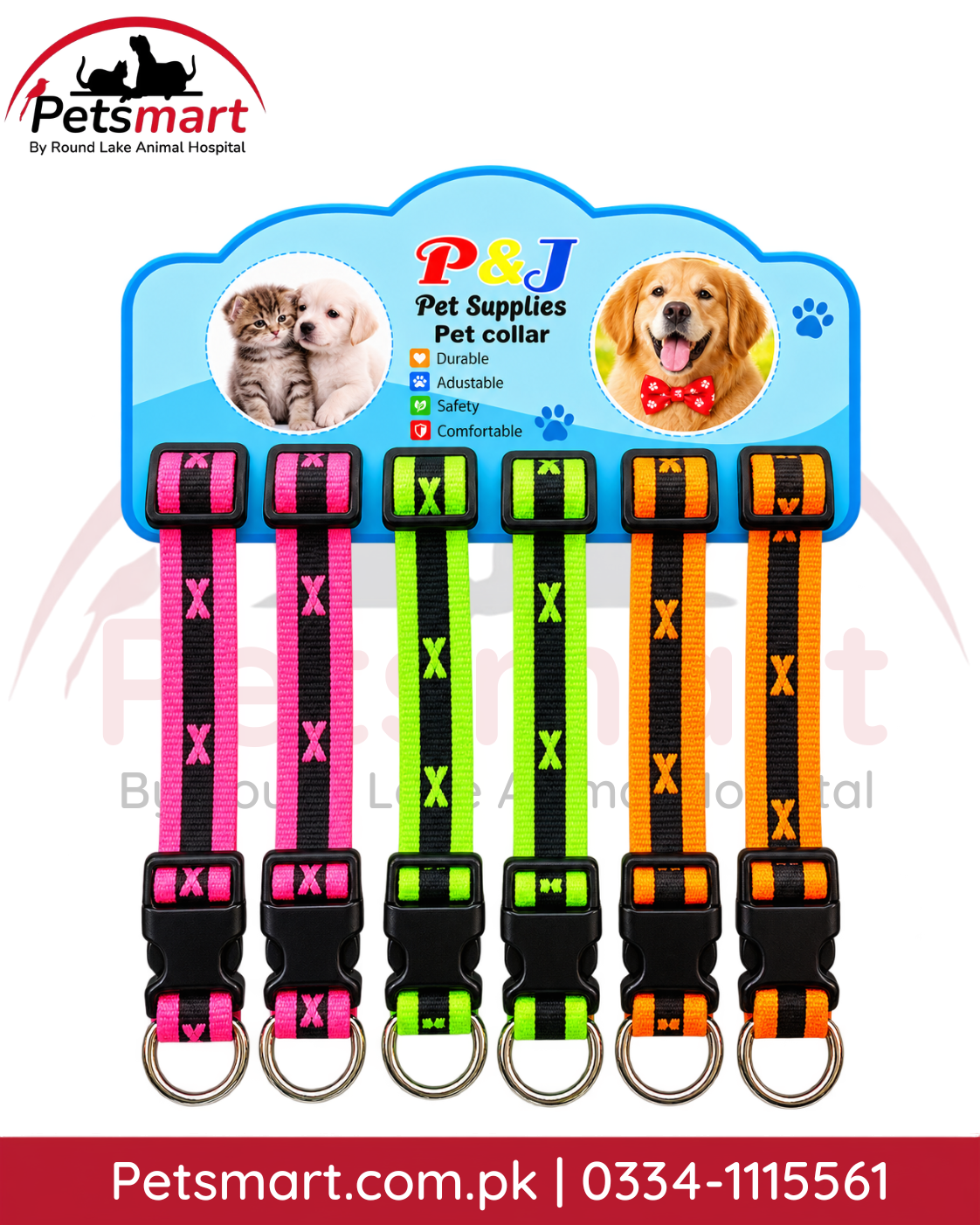 Adjustable nylon puppy collars with buckle and metal D-ring in pink green and orange colors