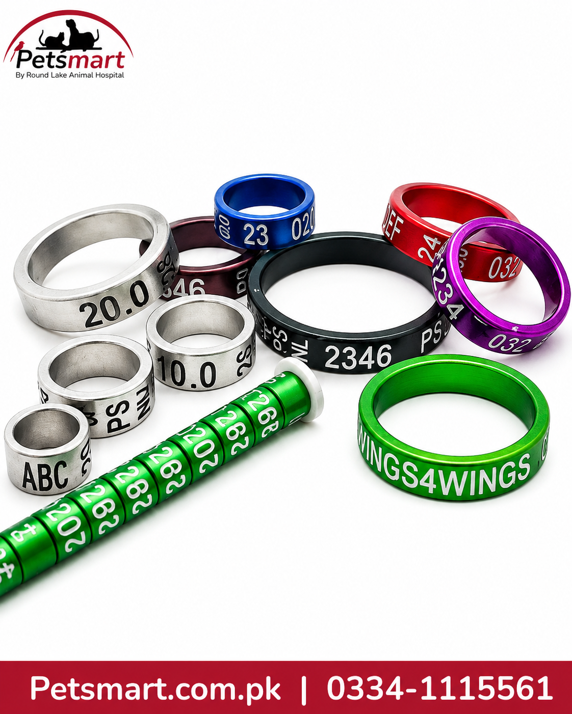 Assorted colour bird leg identification rings with letters and numbers in multiple sizes