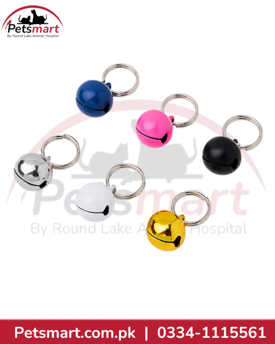 Assorted blue pink black silver white and gold cat collar bells with metal rings