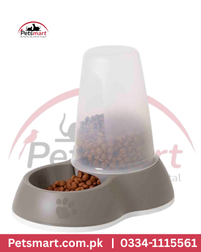 Grey automatic gravity pet food dispenser with transparent container for cats and dogs