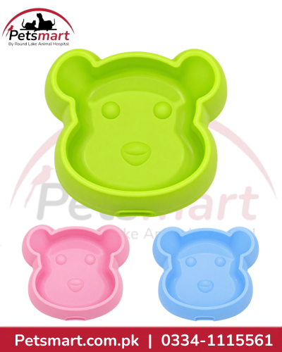 Bear shape plastic pet food bowls in pink green and blue colours