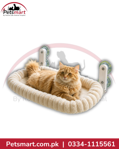 Beige plush window hammock for cats with raised sides and four suction-mounted brackets