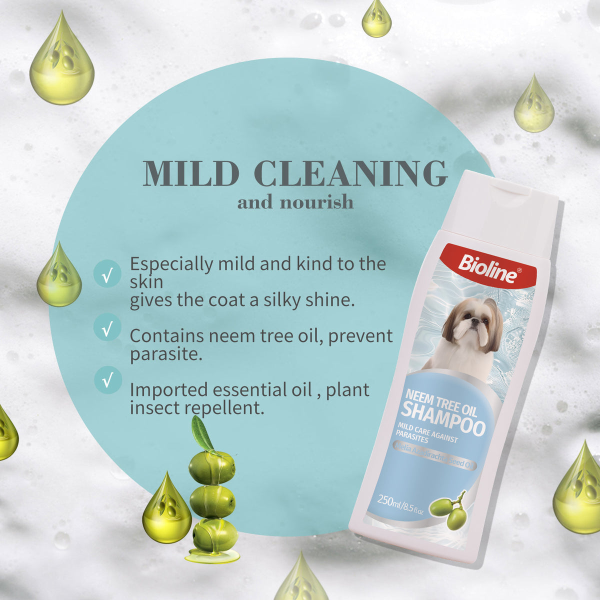 Bioline Neem Tree Oil Shampoo for dogs, shown in a white and blue squeeze bottle with a Shih Tzu dog graphic, set against a white background with a large light blue circle containing product benefits and decorative olive oil droplets.