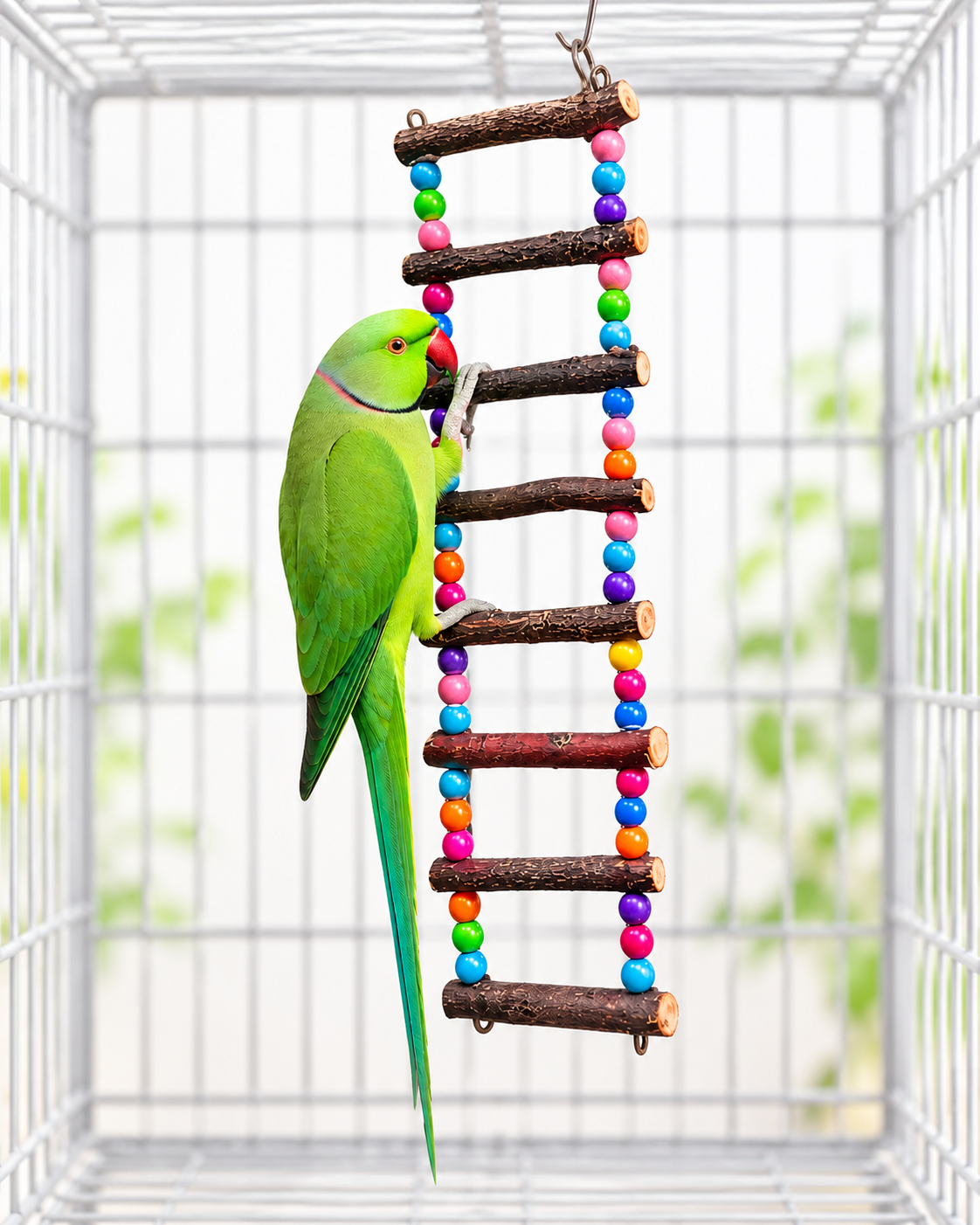 A bright green parrot perched on a wooden ladder toy decorated with colorful beads, inside a white wire bird cage.