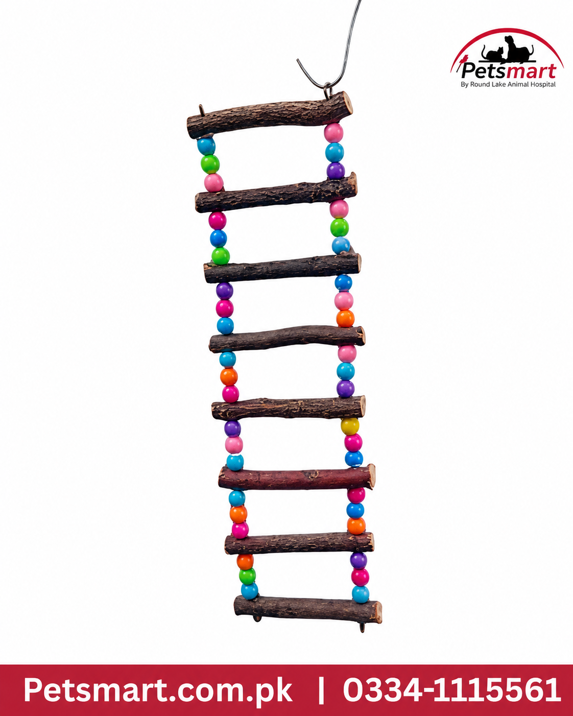 Bird 8-step hanging wooden ladder toy with colorful beads for parrots and pet birds