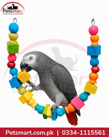 Bird Balance Beam hanging wooden toy 4 by 80cm with colourful beads and blocks,  african grey parorot
