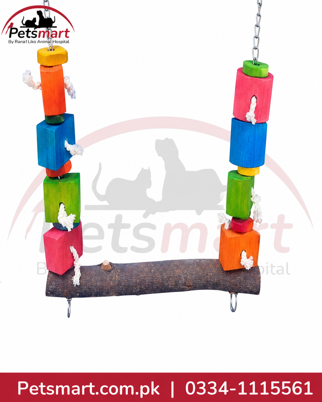 Bird Blocks natural wooden swing 30 by 31cm with colourful blocks rope and hanging chains