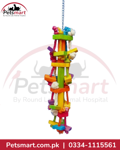 Bird Climbing Wall hanging toy 18 by 63cm with colourful wooden pieces and rope for cage enrichment