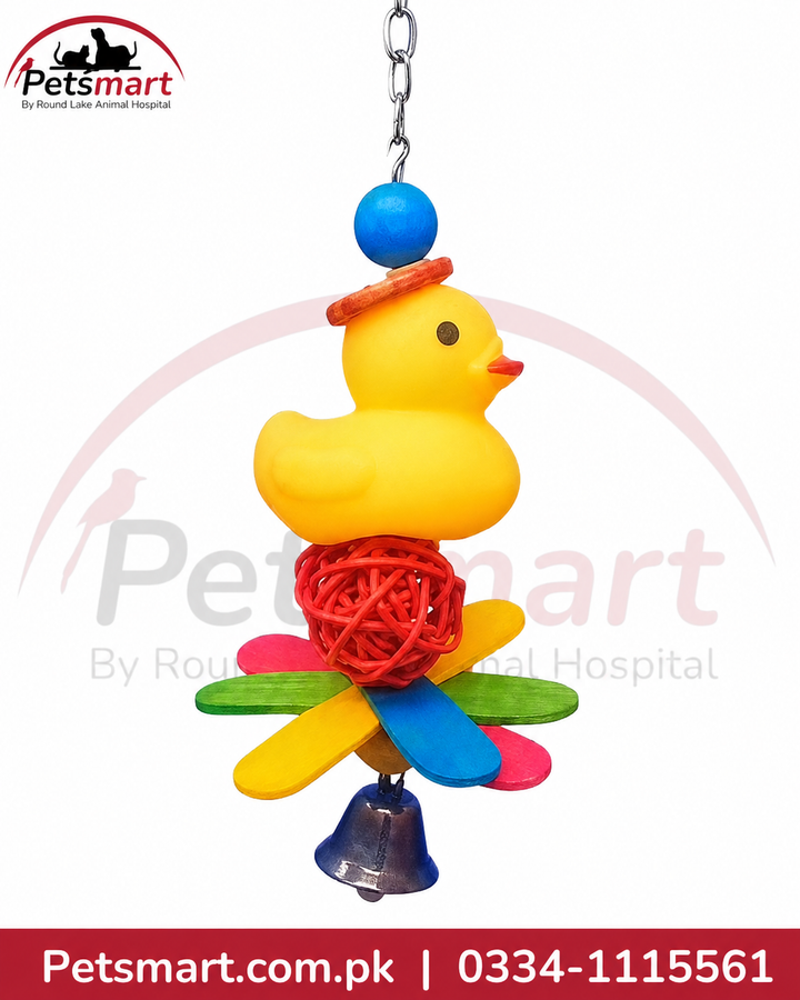Bird Duck and Bell hanging toy 8 by 21cm with colourful pieces woven ball and bell