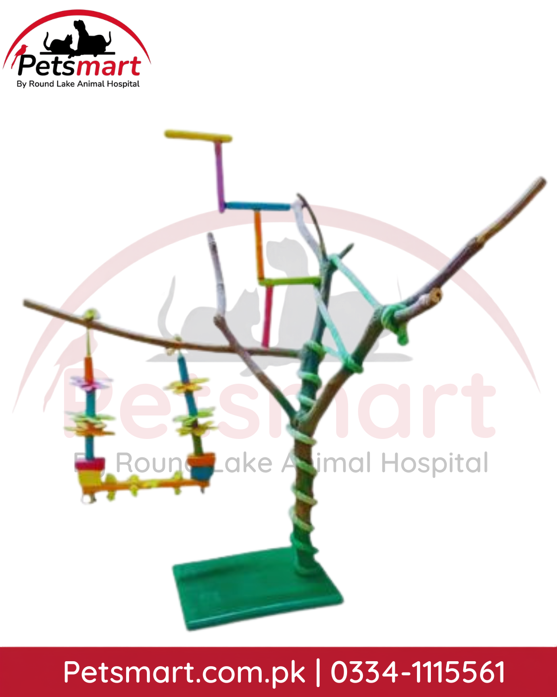Bird Flower Stand with natural branch perches colorful ladder and hanging swing