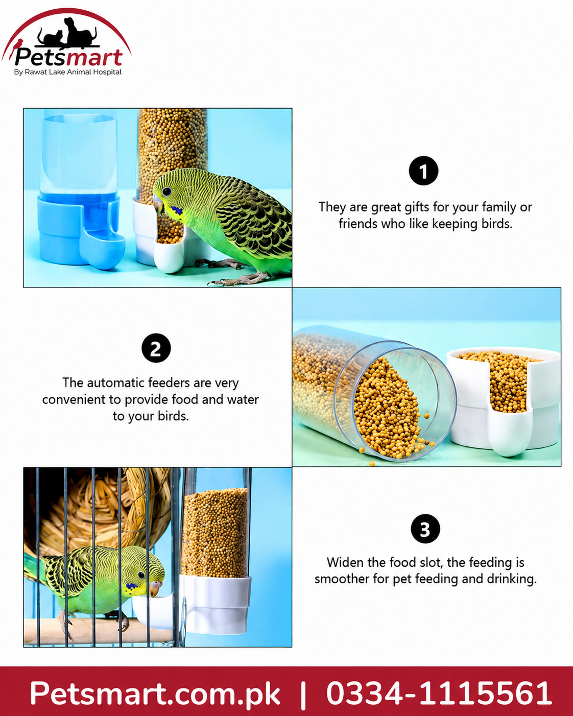 A promotional collage for Petsmart automatic bird feeders and waterers, showing three numbered panels with a green bird, a blue water bottle and feeder, and a clear cylindrical feeder filled with birdseed. Text describes benefits, with Petsmart branding and contact information on a red footer.