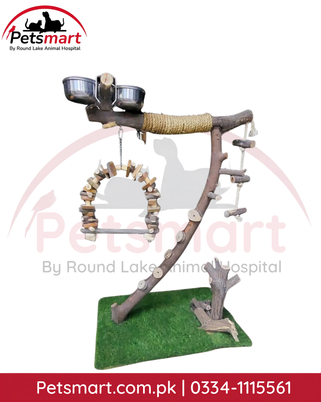 Natural wooden bird play stand with two attached metal feeding bowls