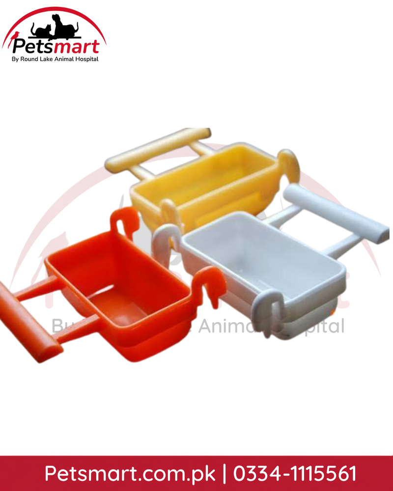Bird soft food bowl with perch in assorted colors for cage feeding
