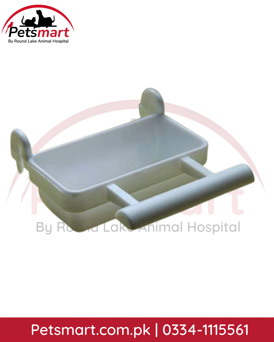 Rectangular bird feeding bowl with perch designed for cage attachment
