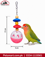 A colorful bird toy with stacked wooden beads and a pink-and-white ball, shown next to a green lovebird parrot on a white background. Measurement annotations indicate 17 cm height and 5 cm width.