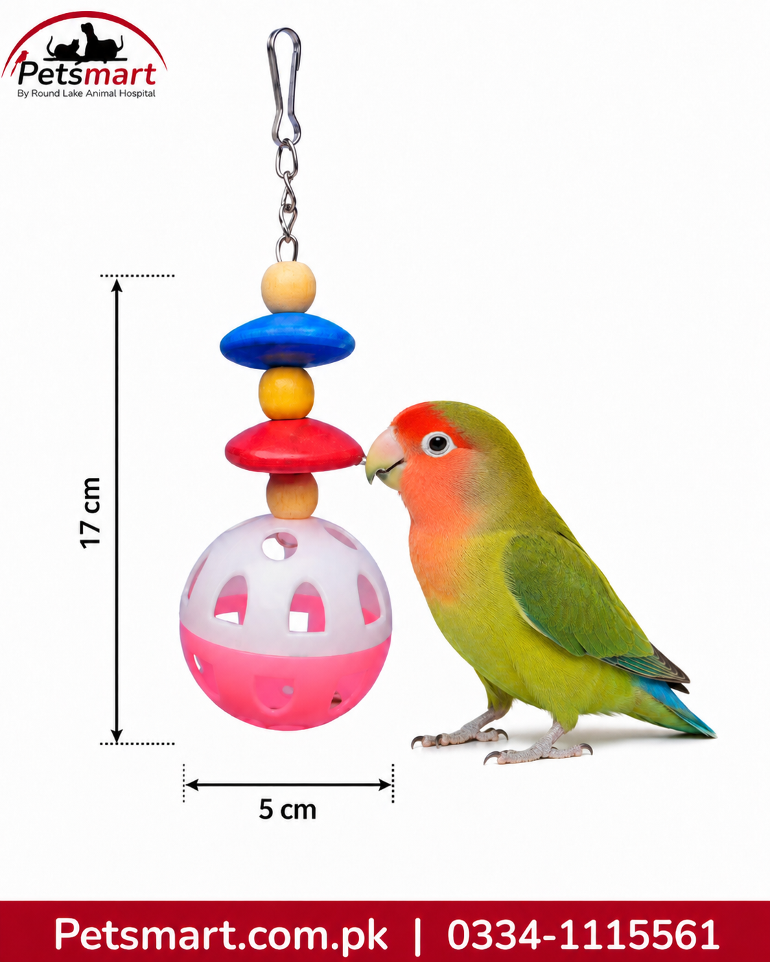 A colorful bird toy with stacked wooden beads and a pink-and-white ball, shown next to a green lovebird parrot on a white background. Measurement annotations indicate 17 cm height and 5 cm width.