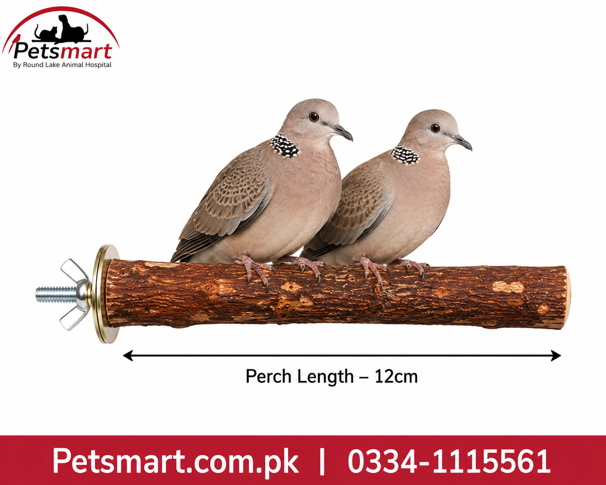 Two birds perched on a wooden adjustable pet perch with a dimension arrow indicating 12cm perch length, on a white background with the Petsmart logo and contact details.