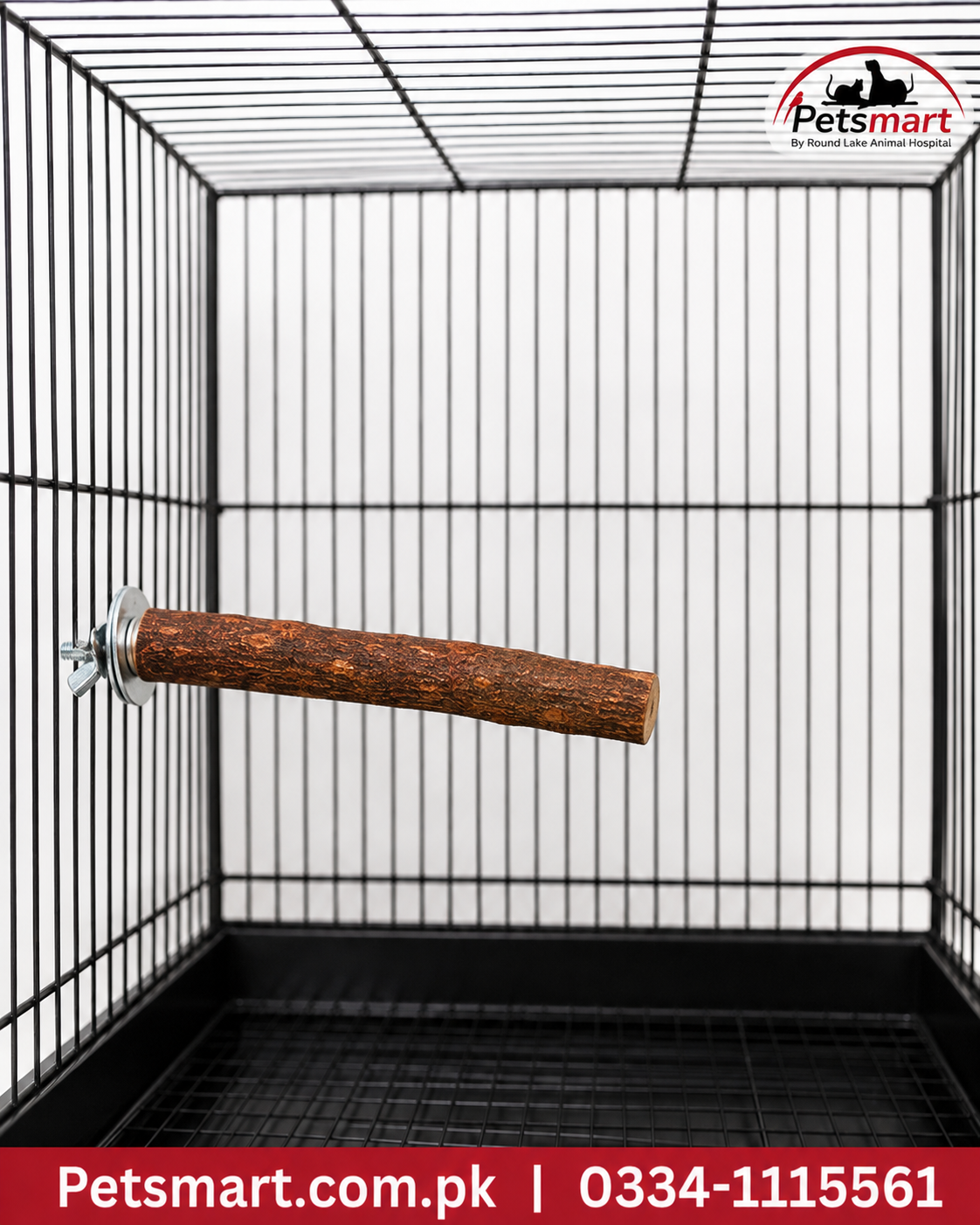 A black metal pet cage with a wooden hanging perch mounted on the left side, shown against a white background. The Petsmart logo is visible in the top right corner, and a red contact banner is at the bottom.