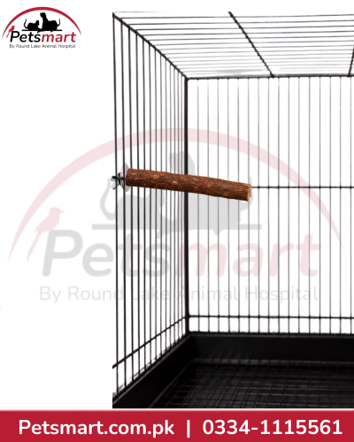 6 inch natural bird perch with wing nut cage mounting attachment, shown in cage