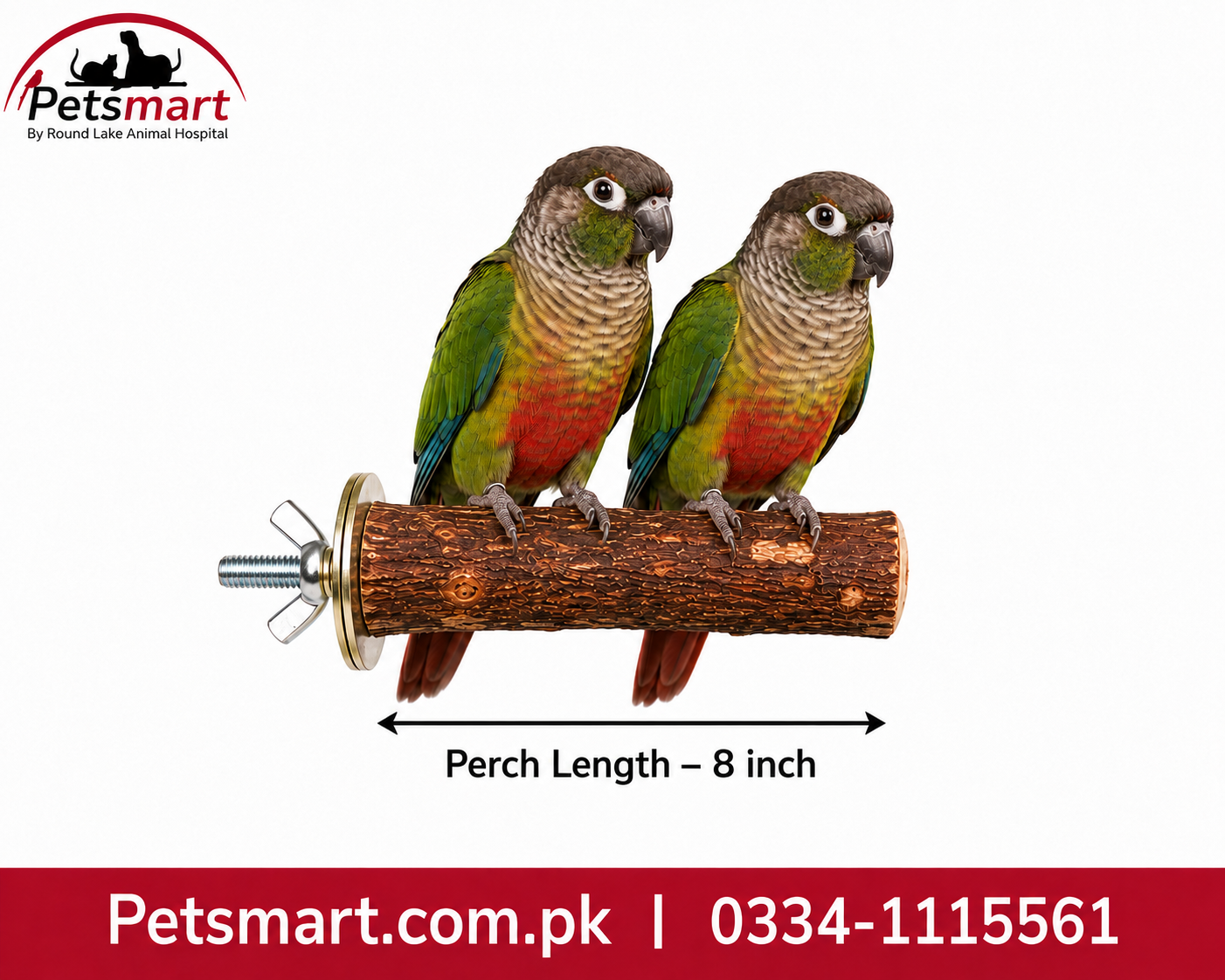Two conure perched on a wooden bird perch with a wing nut attachment, shown on a white background with a Petsmart logo and a red contact banner.