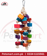Bird Wood Wonder hanging wooden chew toy 13 by 52cm with colourful blocks and rope