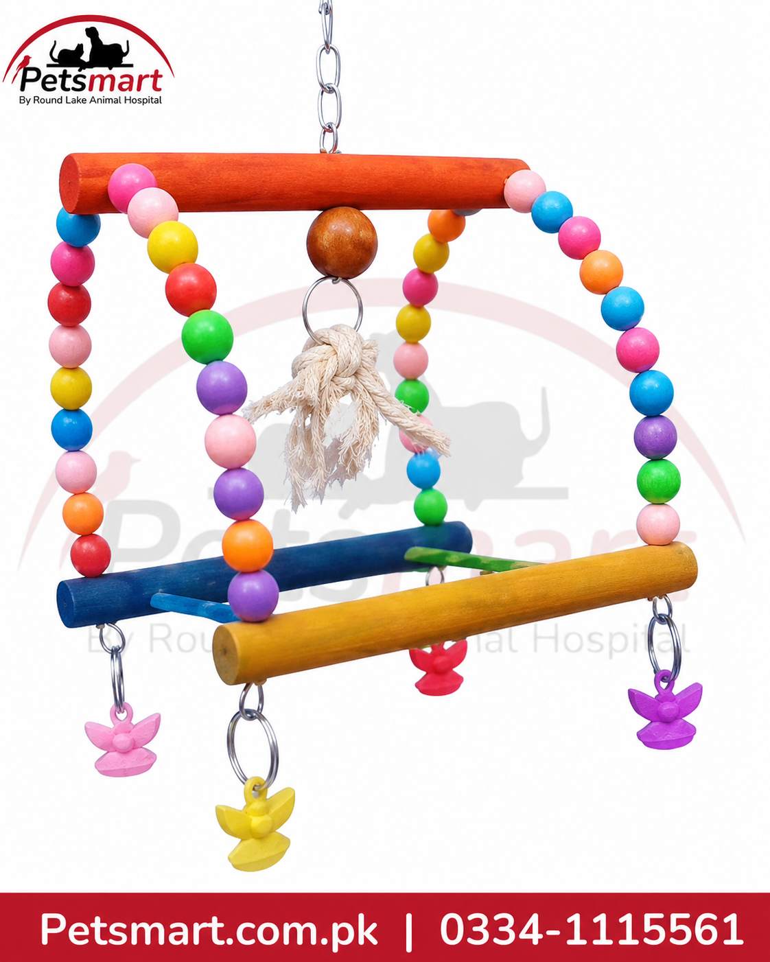 Bird wooden candy swing with colourful beads wooden bars and hanging decorative pieces