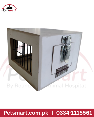 Wooden bird carry box with metal latch door and wire ventilation window