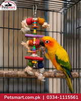 Birdie Bella hanging bird toy with colourful wooden pieces rope knots beads and bell