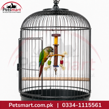 A black metal bird cage with a door, wooden perch, hanging toy, and hanging feeder, shown against a white background with Petsmart branding and contact details.