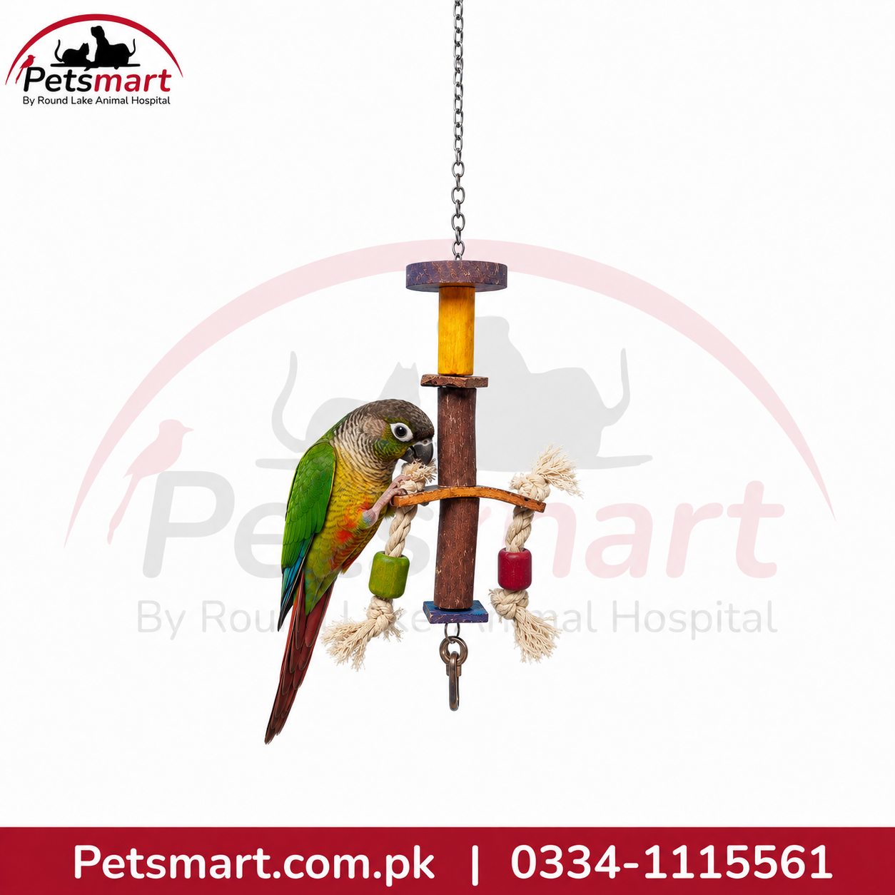 A hanging bird toy with a conure perched on it, shown against a white background with Petsmart branding and a red contact banner.