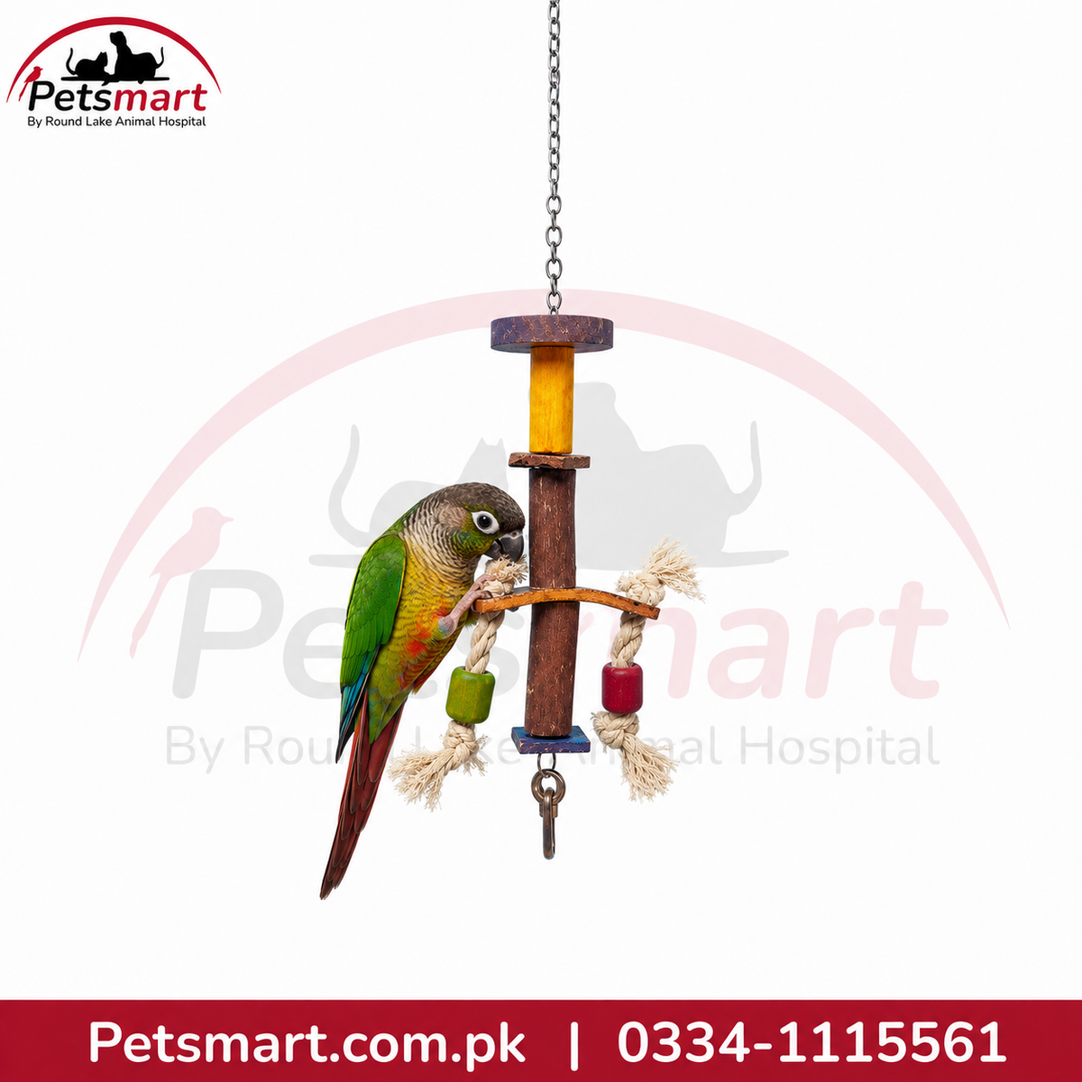 A hanging bird toy with a conure perched on it, shown against a white background with Petsmart branding and a red contact banner.