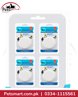 Four-pack of Petsmart brand white plastic round mineral blocks in individual blue and white retail blister packaging, arranged in a 2x2 grid on a white background with Petsmart branding.