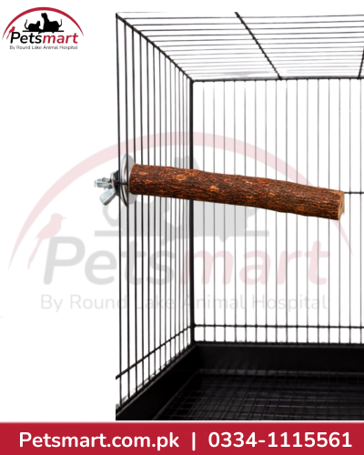 A wooden bird perch attached to a black metal wire cage, shown against a white background with Petsmart branding and contact details.