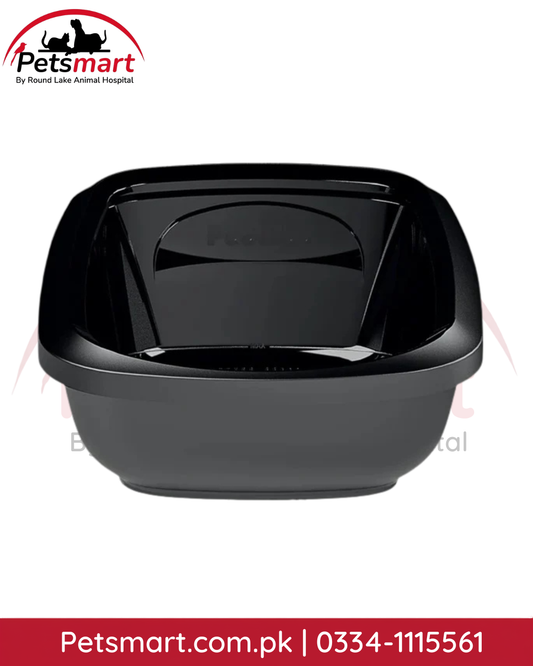 Black cat litter tray with deep base and raised high-sided rim