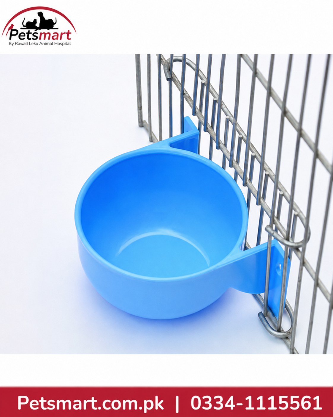 Blue round bird water bowl attached inside a bird cage