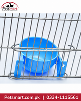 Blue round bird water bowl attached inside a bird cages