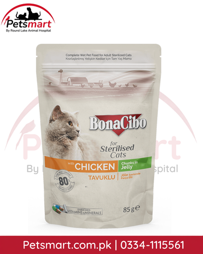 BonaCibo Sterilised Cat Wet Food with Chicken Chunks in Jelly 85g pouch
