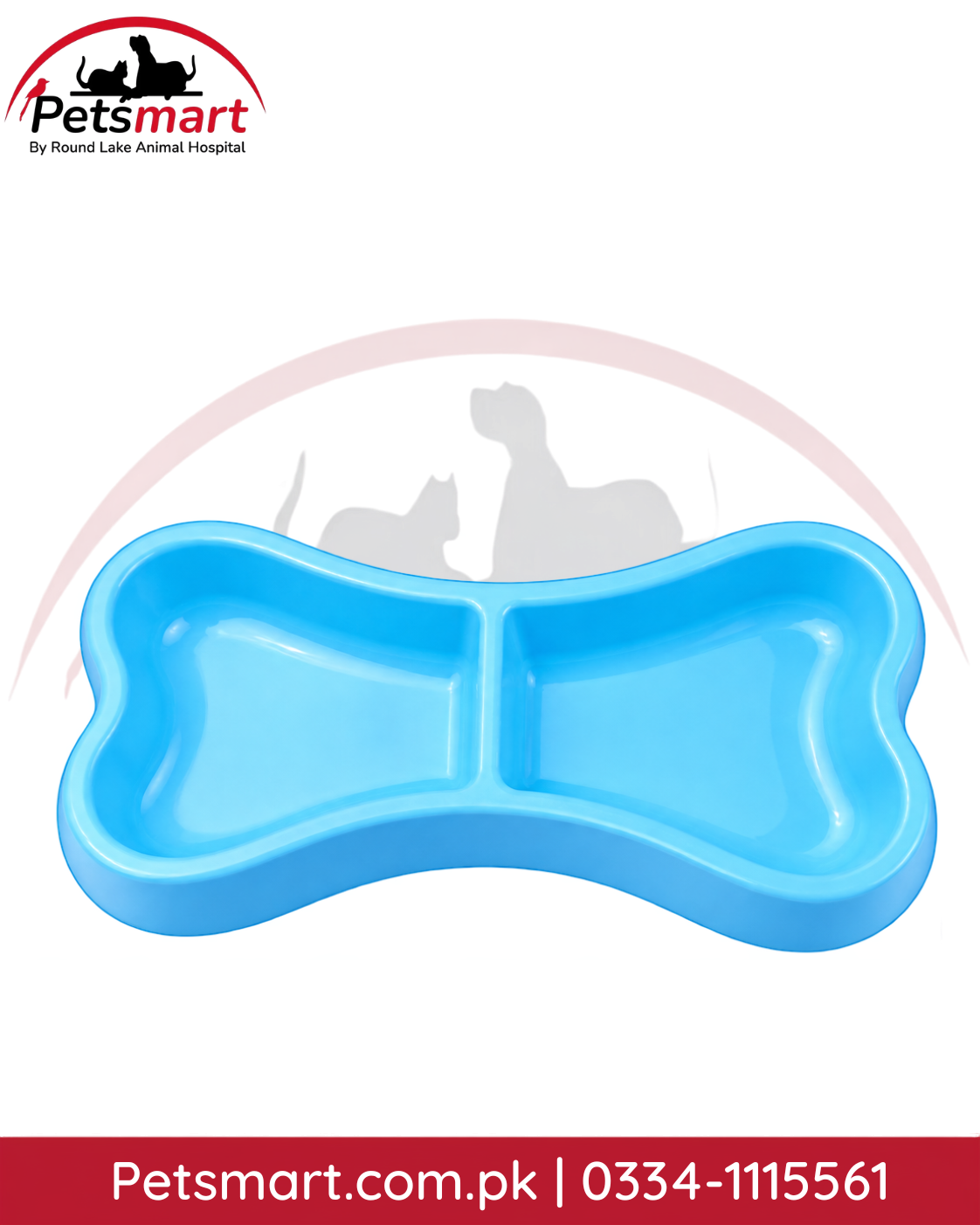 Blue bone-shaped pet food and water bowl with two compartments for cats and dogs