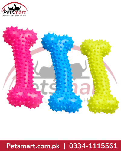Bone-shaped textured teether toy for puppies and dogs in pink blue and yellow-green colours